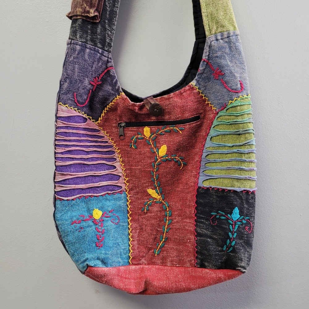 Kc Quilted Boho Patchwork Embroidered Hippie Crossbody Hobo Bag Multicolor